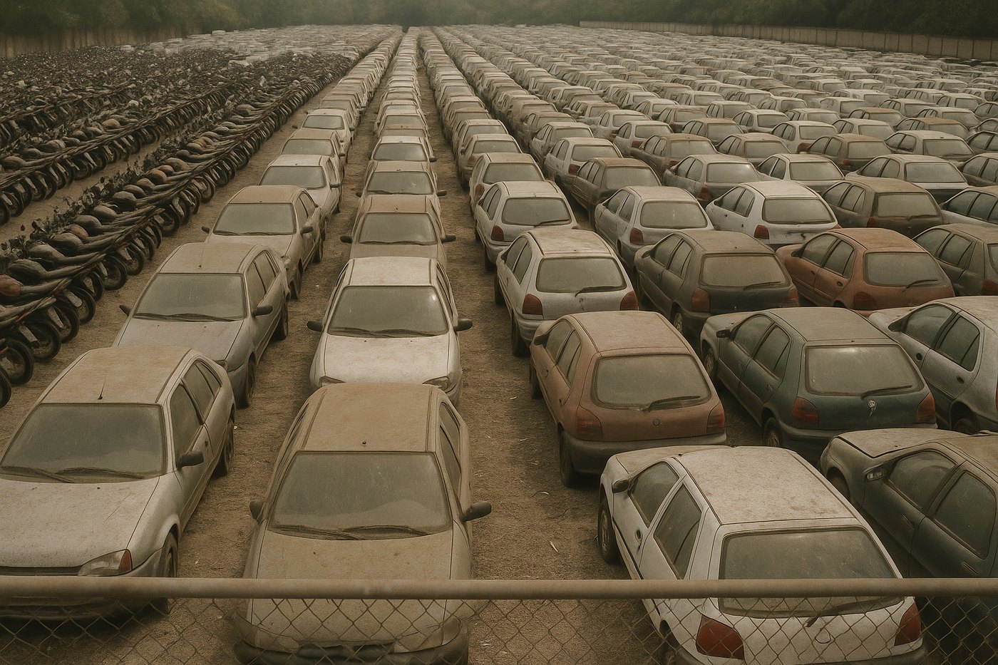 Pátio de veículos apreendidos, fileiras de carros parados — imagem documental.